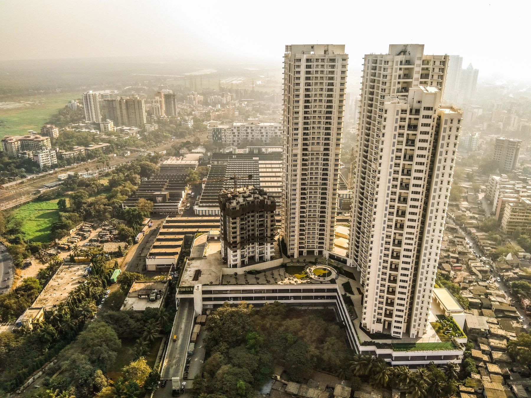 Aerial view of residential towers and the city below, Virar